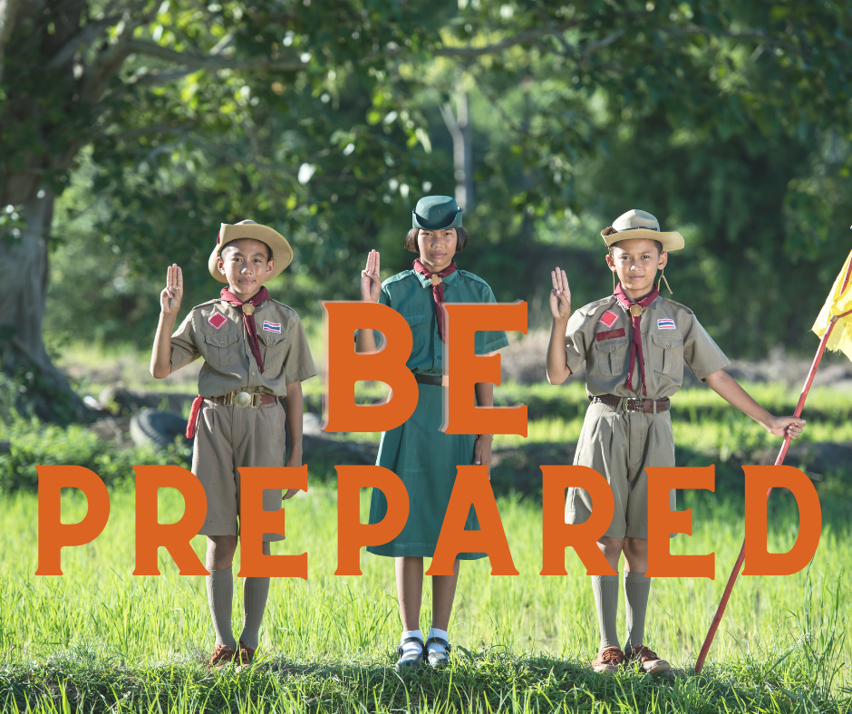 Girl Scouts saluting. Text: Be Prepared