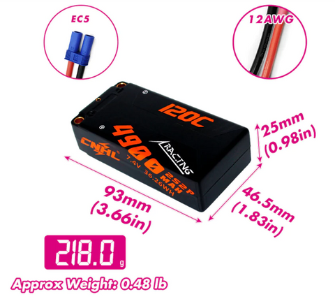 CNHL Racing Series 4900mAh 7.4V 2S2P 120C Hard Case Lipo Battery with EC5 Plug