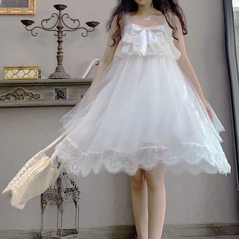 Lolita Fairy Dress Summer Soft Girl Cute Bow Flounce Suspender Skirt Male