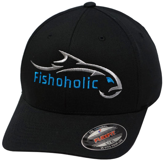 Fishoholic FlexFit Blk-SLVR-s/m Fishing Hat – Semi-Fitted Fishing Hat