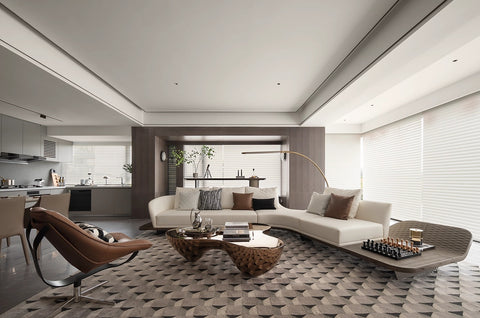 The modern white curved sofa is placed in the center of the modern style living room