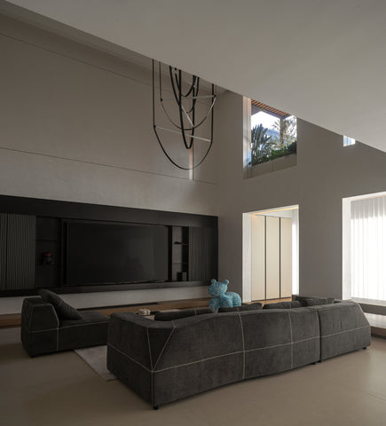minimalist grey fabric sofa in livingroom