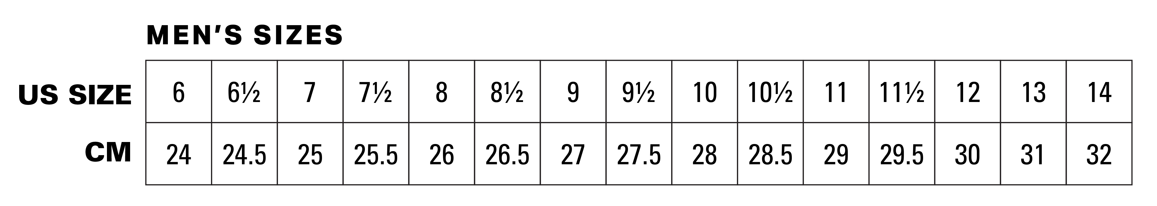 Mens boot size chart