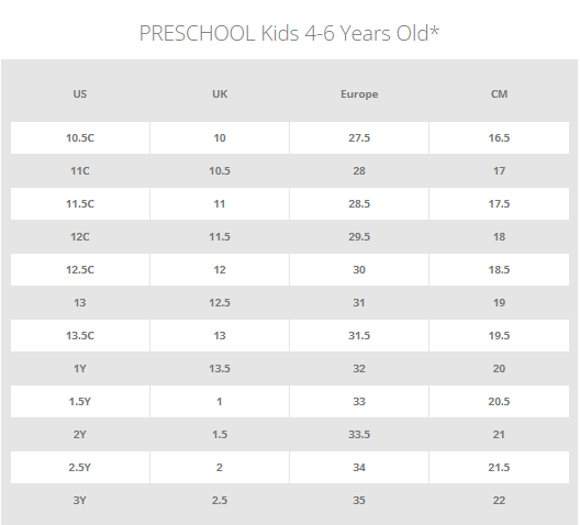 KIDS FOOTWEAR SIZE CHART