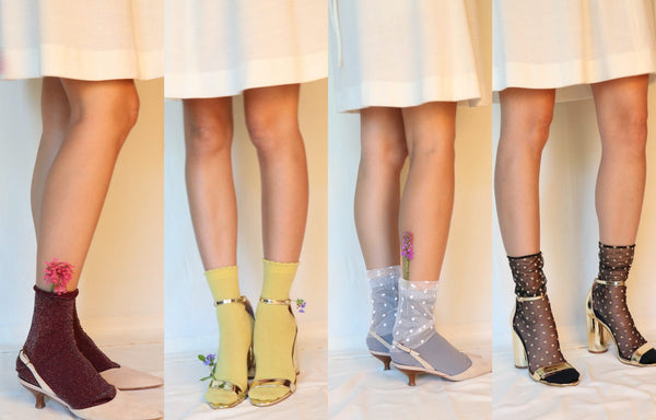 Four photo collaged. Sandal and socks styling ideas.