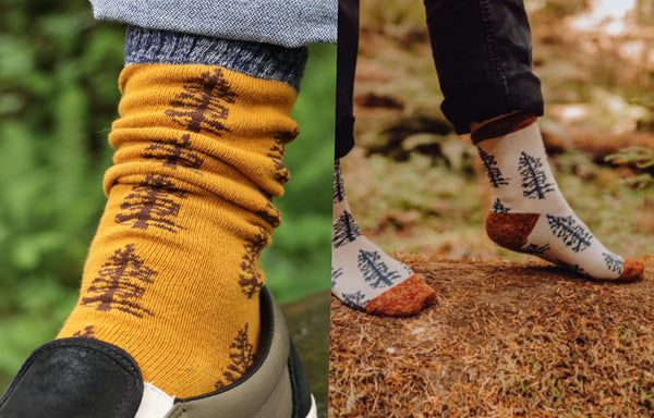 2 picture collaged. One with yellow socks with tree print and one with beige color.