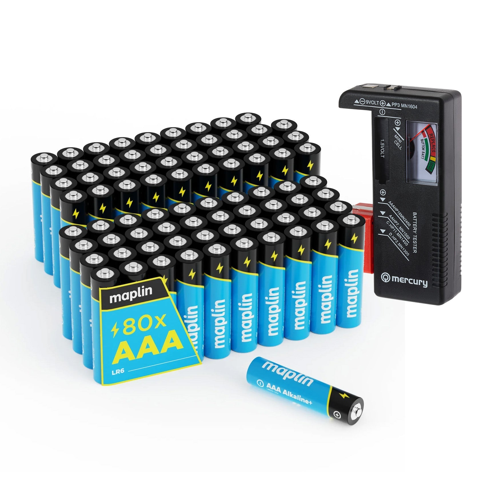 Maplin 80x AAA LR03 7 Year Shelf Life 1.5V High Performance Alkaline Batteries with Universal Battery Tester