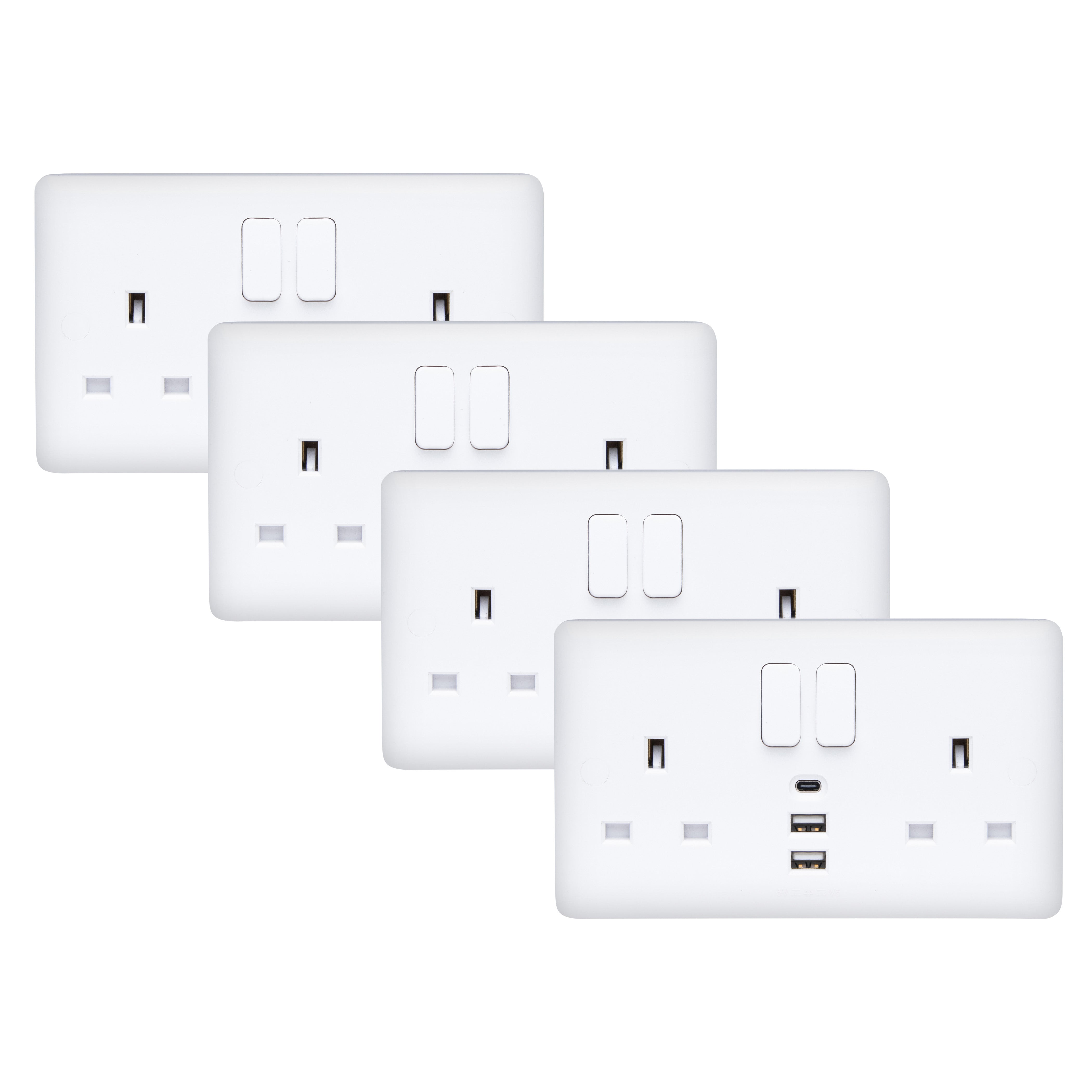 Deta 13A 2 Gang Switched Socket with 2x USB-A / 1x USB-C Ports (Pack of 4)