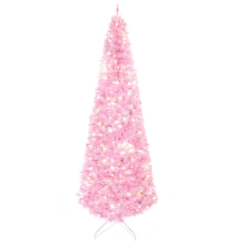 HOMCOM 5ft LED Pencil Slim Artificial Christmas Tree with Realistic Branches - Pink