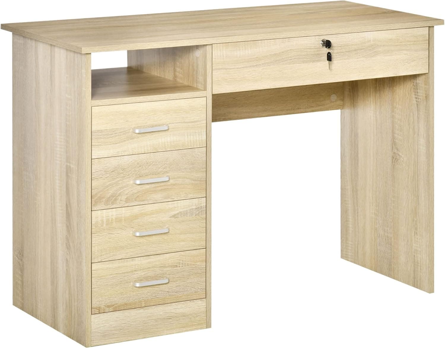 ProperAV Extra Home Office Desk with Lockable Drawer & Storage Shelf (Brown)