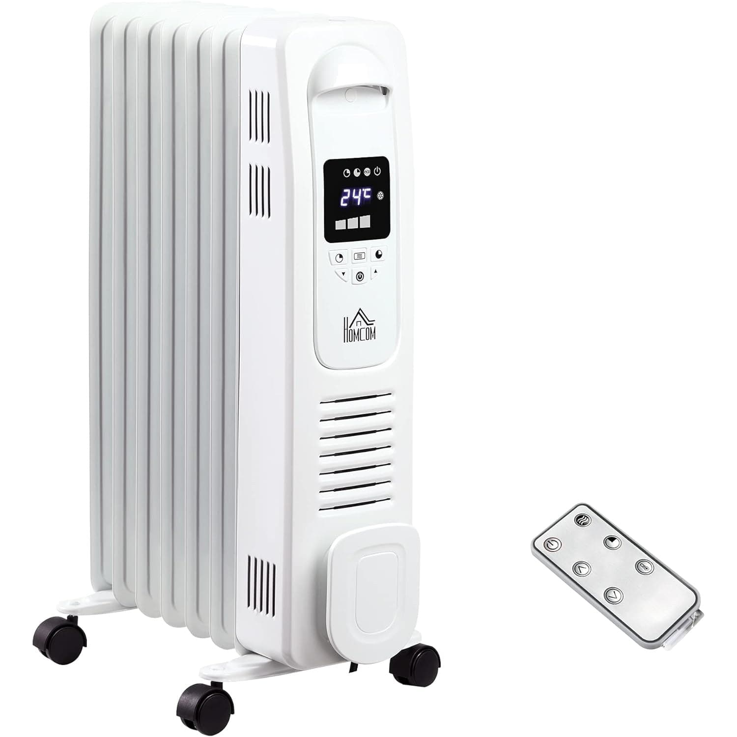 Maplin Plus 1630W 7 Fin Portable Oil Filled Radiator with Timer & Remote Control (White)