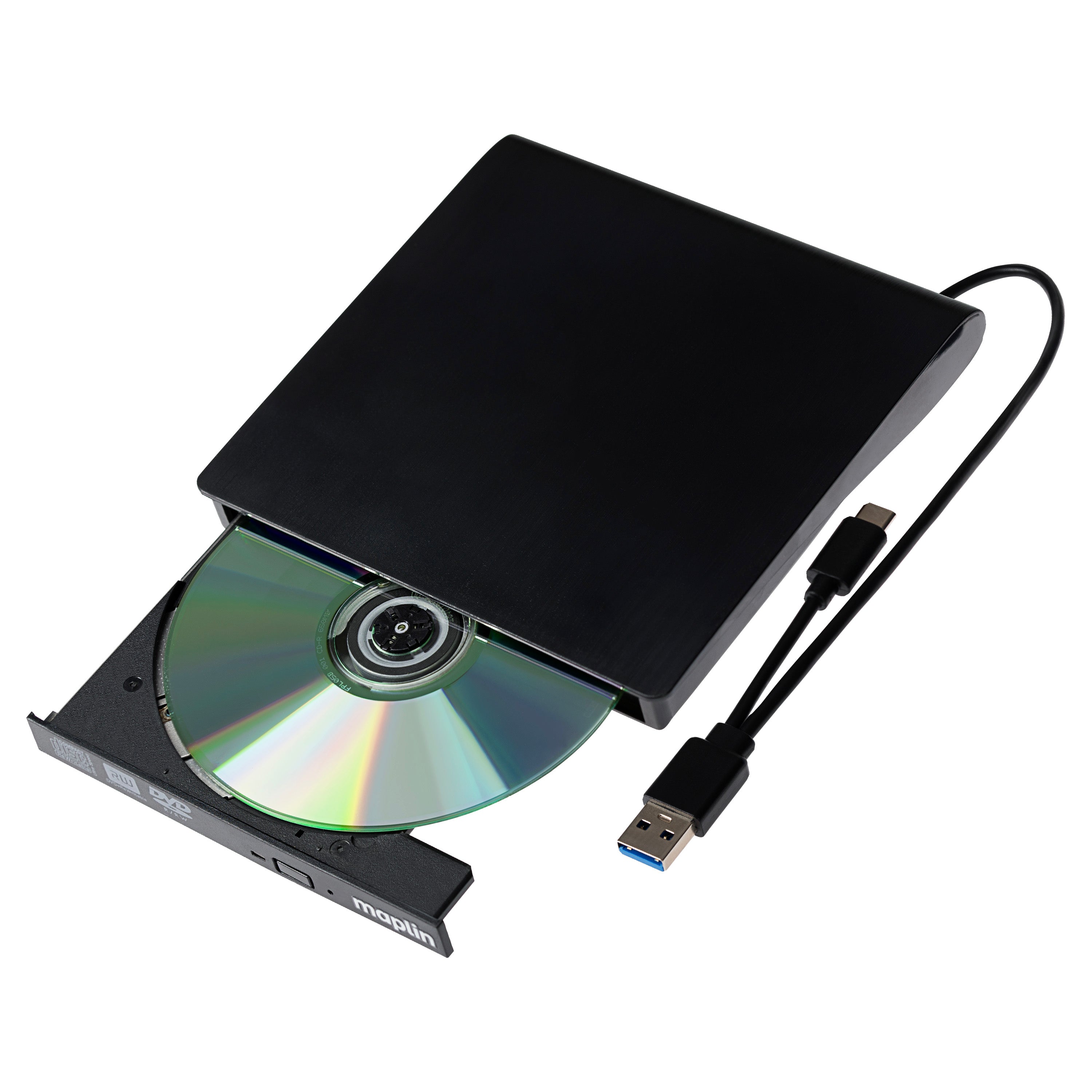 Maplin External CD DVD Optical Drive Reader & Writer Burner with Built-In USB-C / USB-A 3.0 Cables