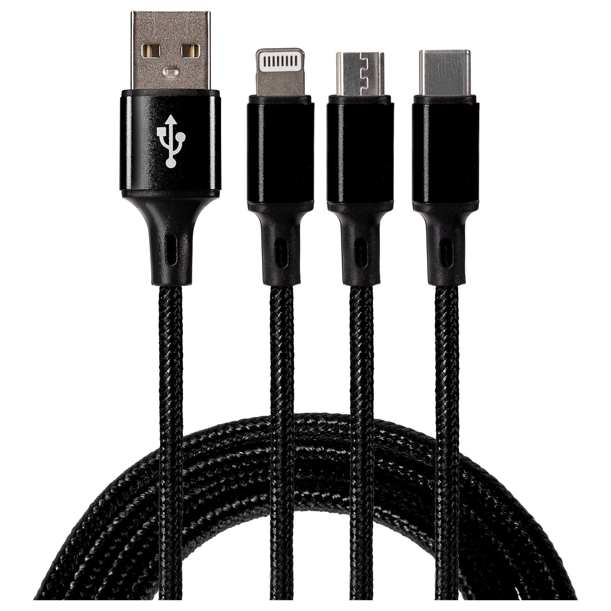Maplin 3-in-1 USB-A to USB-C / Lightning / Micro USB Braided Charging Cable - 1.2m (Black)
