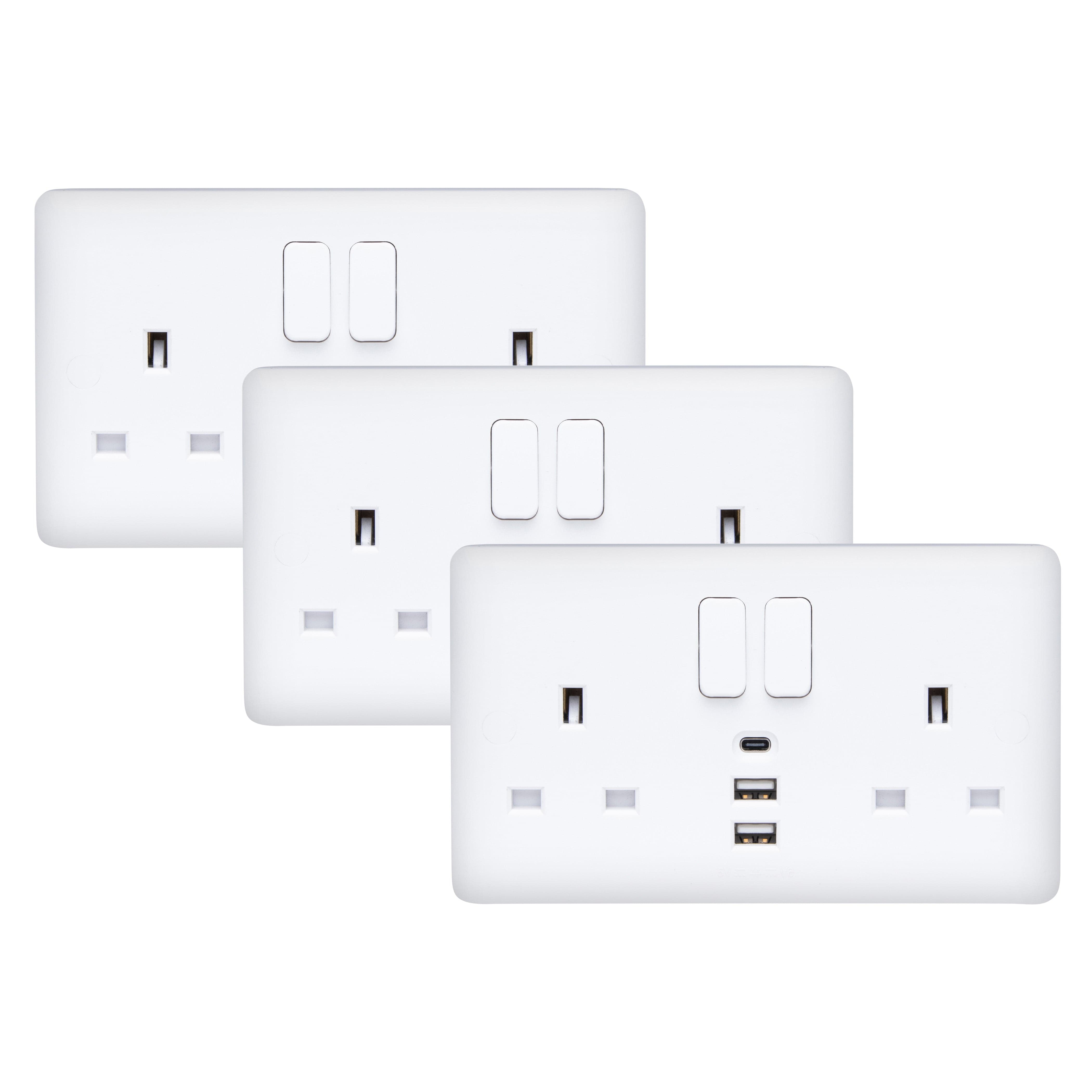 Deta 13A 2 Gang Switched Socket with 2x USB-A / 1x USB-C Ports (Pack of 3)