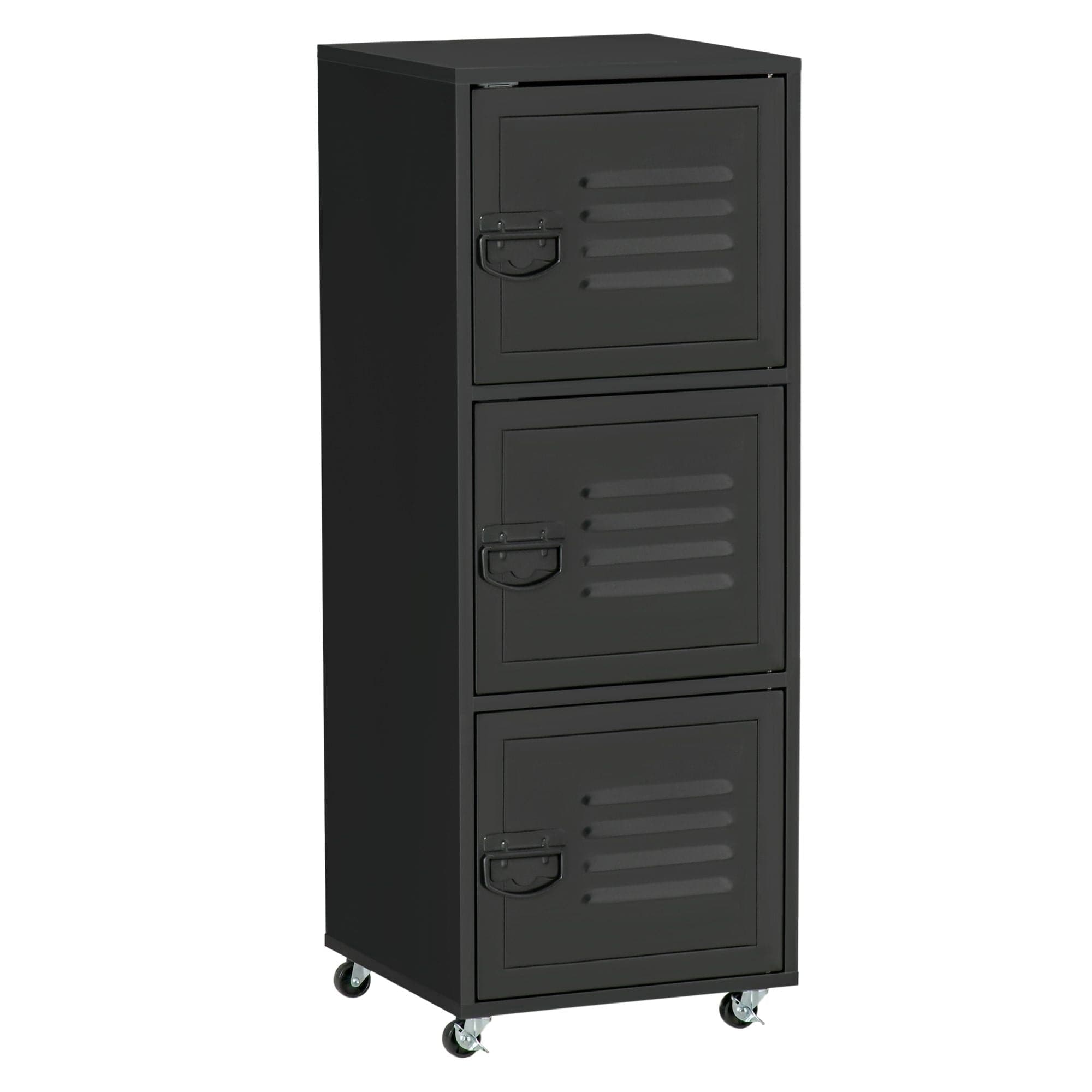 ProperAV Extra Mobile 3-Tier Storage Filing Cabinet with Wheels & Metal Doors - Black