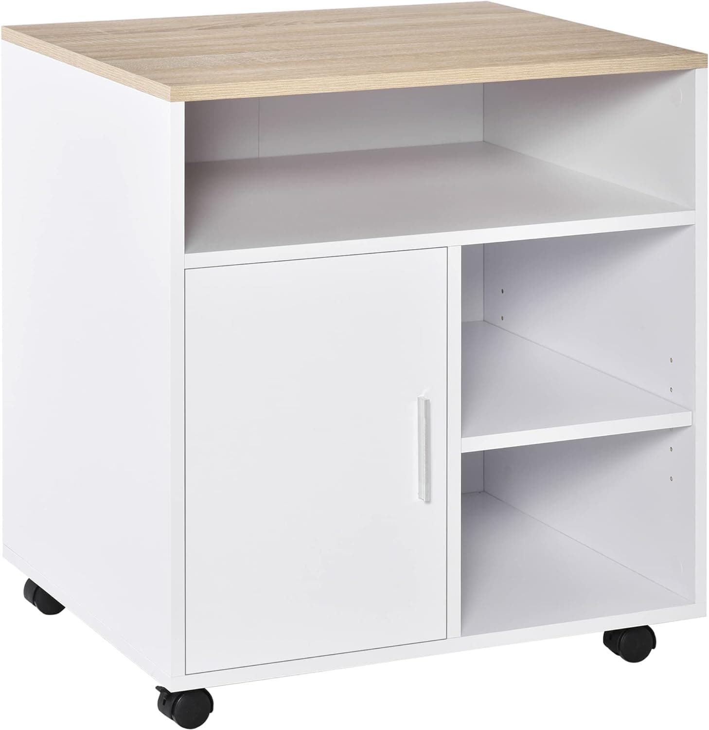 ProperAV Extra Particle Board 4-Compartment Storage Unit with Wheels (White & Oak)