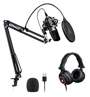 Maono USB Condenser Cardioid Microphone with Boom Arm and Headphones