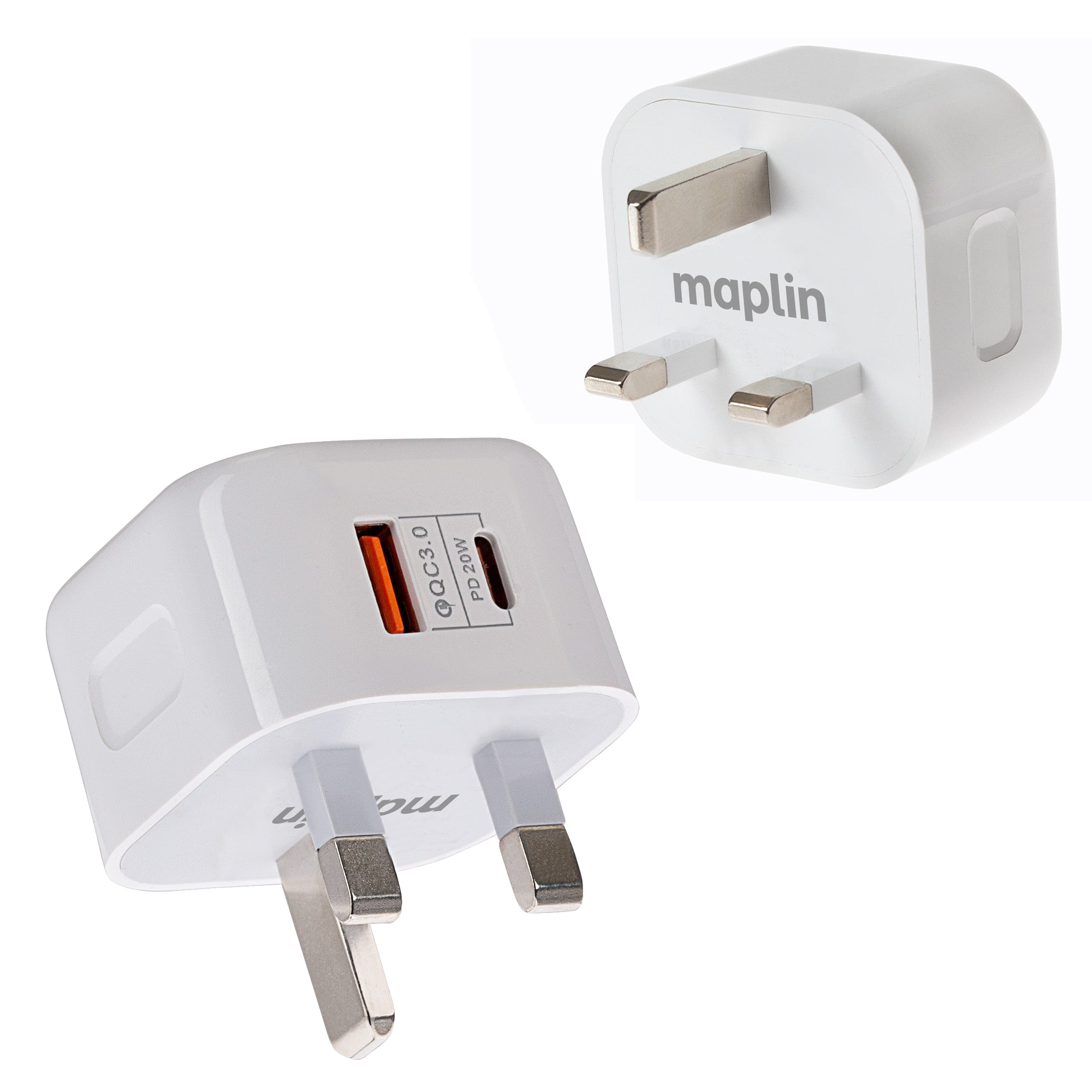 Maplin 2 Port (1x USB-A 3.0 QC / 1x USB-C PD) 20W High Speed Wall Charger