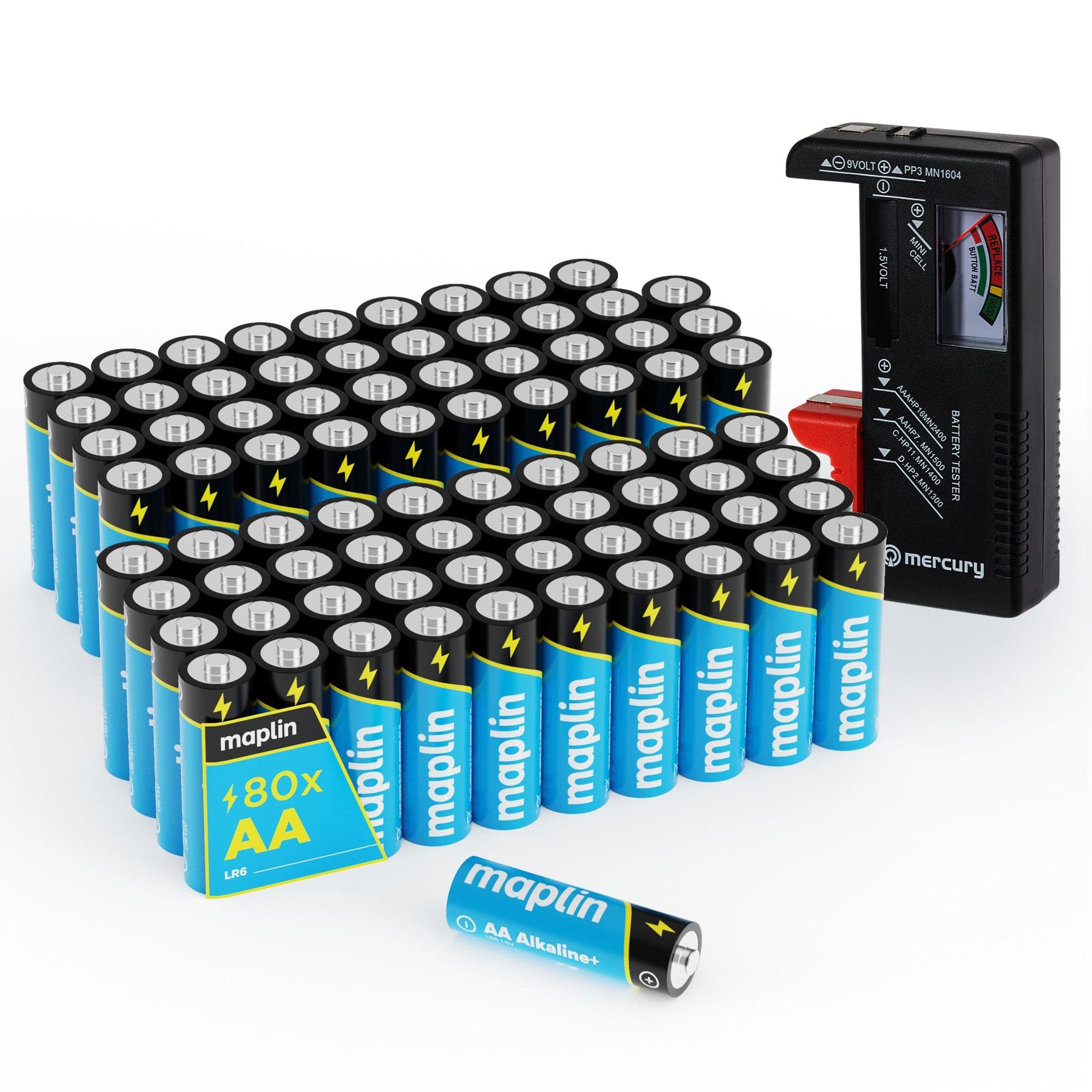 Maplin 80x AA LR6 7 Years Shelf Life 1.5V High Performance Alkaline Batteries with Universal Battery Tester