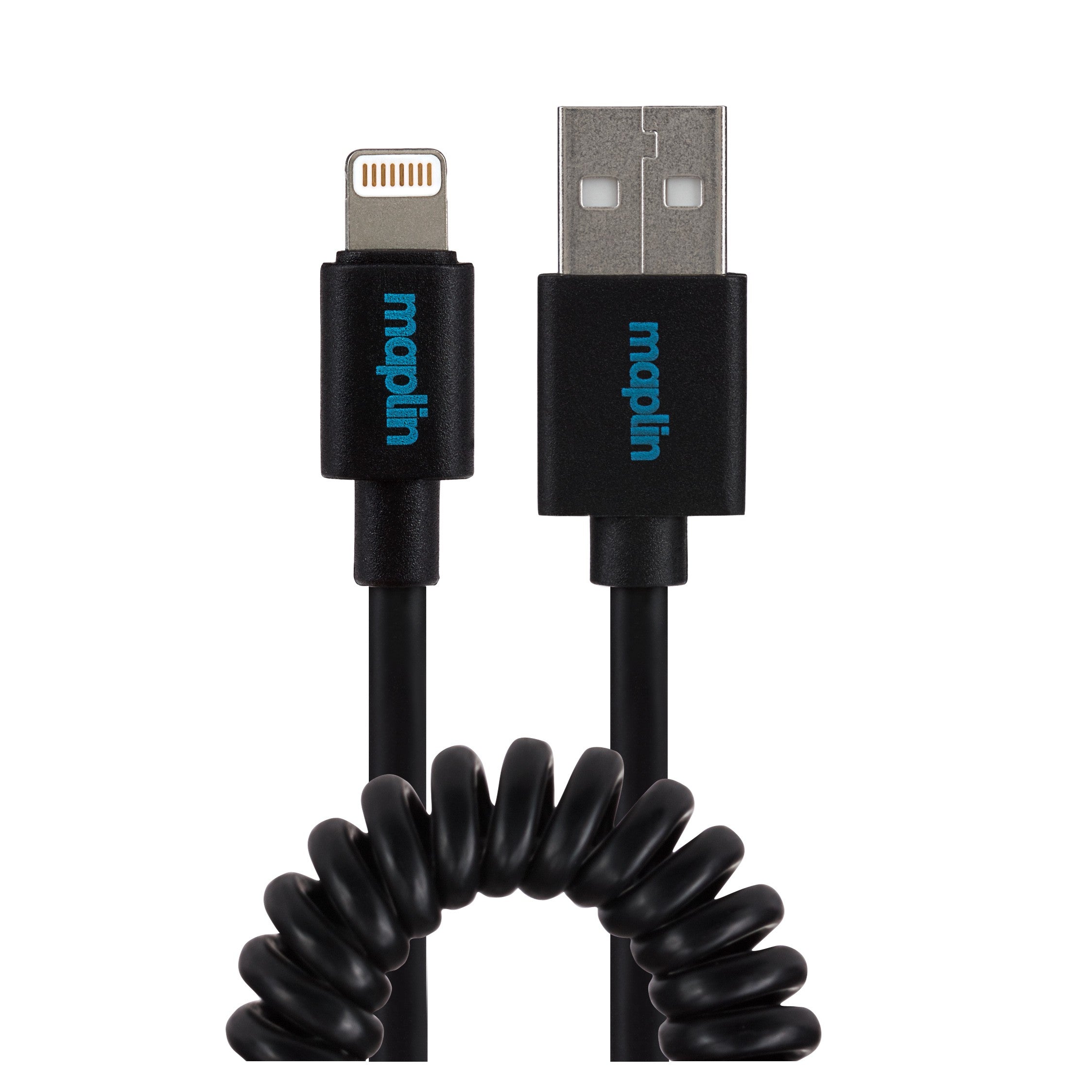 Maplin Lightning to USB-A Coiled Curly Cable - Black, 1m