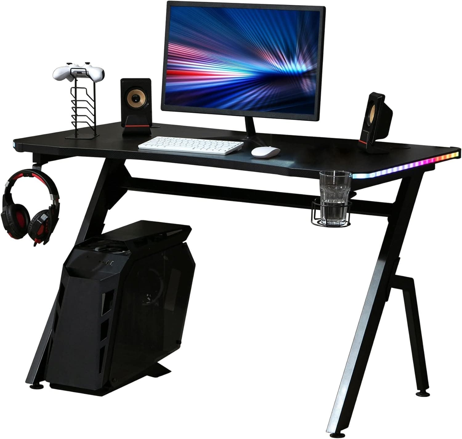 Maplin Plus Racing Style Gaming Desk with RGB LED Lights, Carbon Fibre Surface, Headphone Hook, Cup Holder & Controller Rack (Black)