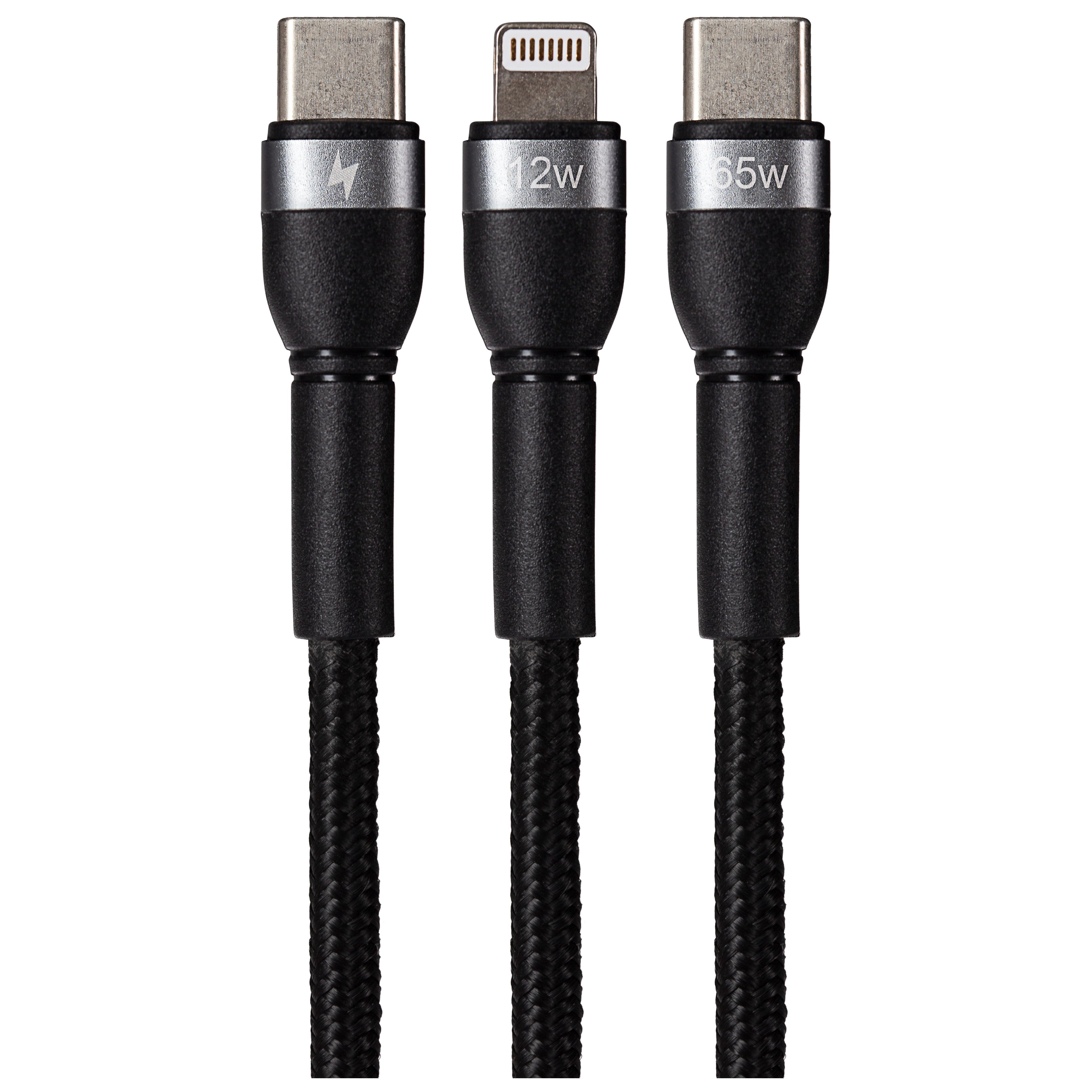 Maplin PRO USB-C to Dual USB-C / Lightning 65W Data Transfer & Charging Braided Cable - Black, 1.2m