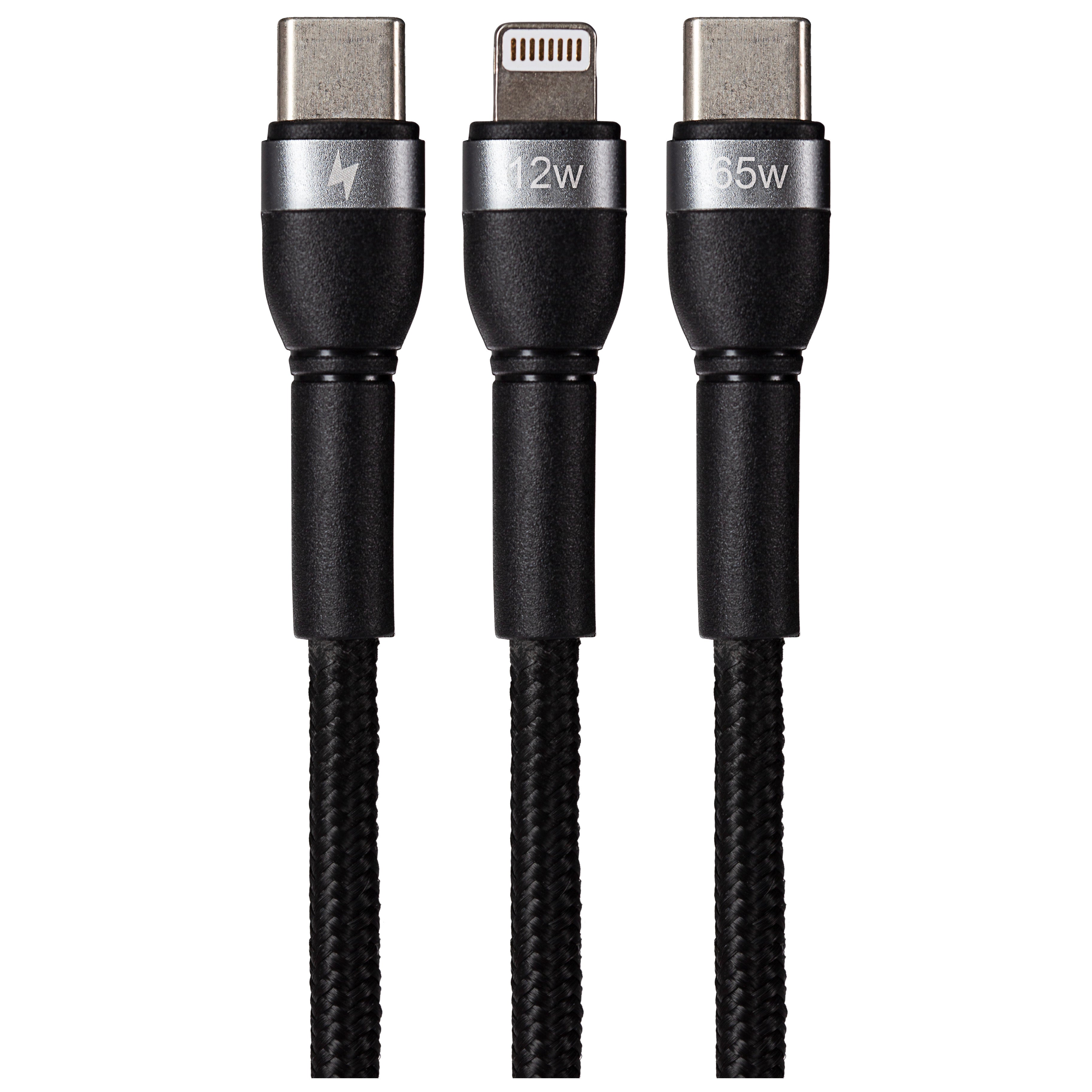 Maplin PRO USB-C to Dual USB-C / Lightning 65W Braided Cable - Black, 1.2m