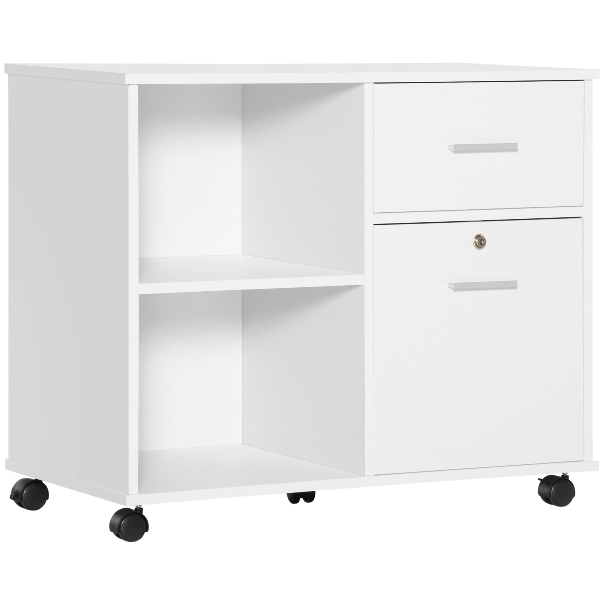ProperAV Mobile Lockable Printer Stand Filing Cabinet with Wheels (White)