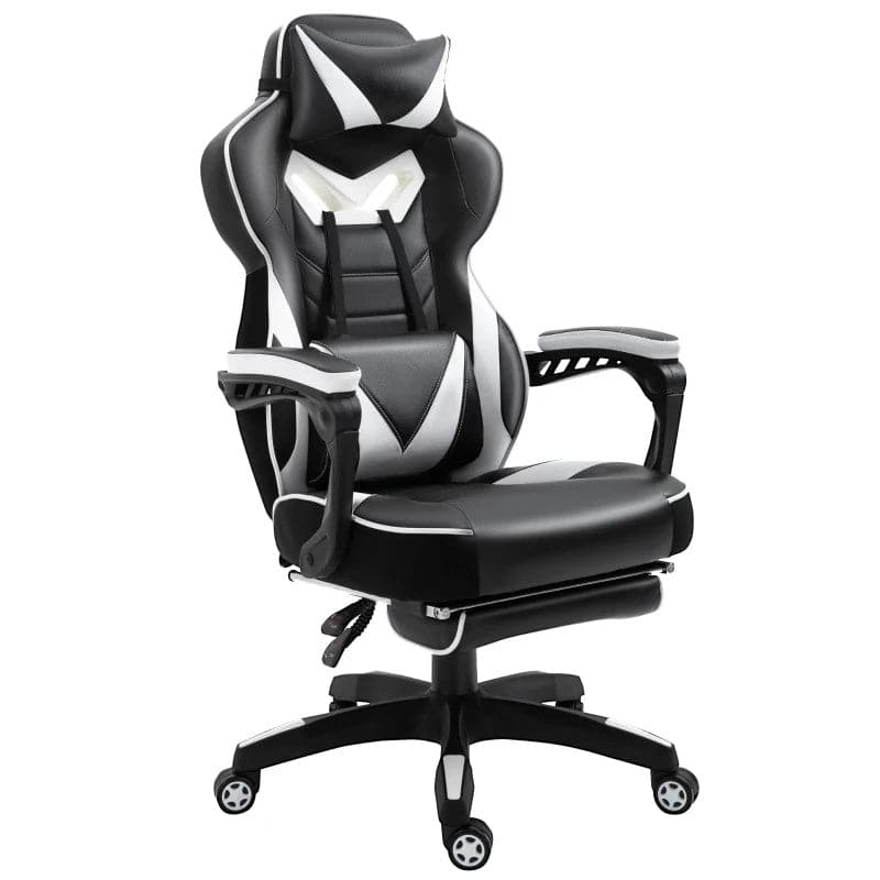 Maplin Plus Ergonomic Racing Adjustable Reclining Gaming Office Chair with Headrest, Lumbar Support & Retractable Footrest (Black & White)