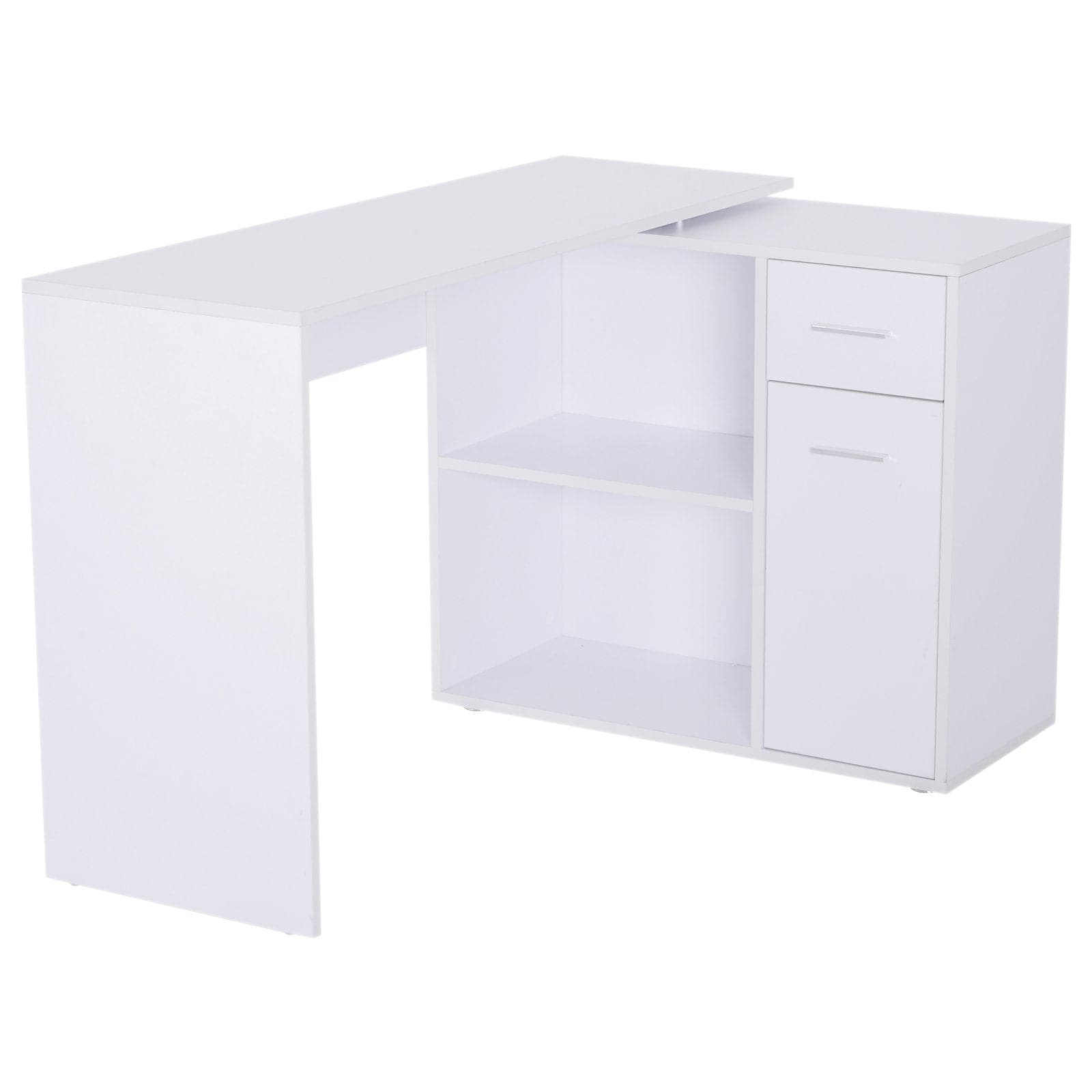 ProperAV Extra Rotating L-Shaped Corner Computer Desk with Storage Shelf Drawer Combo (White)