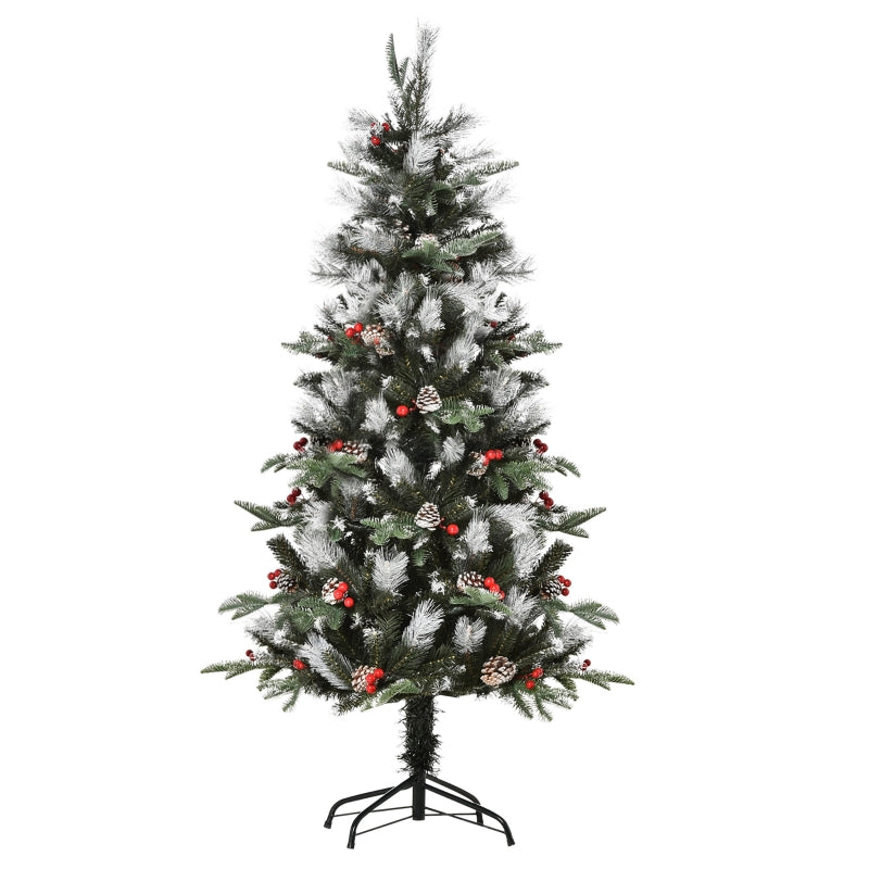 HOMCOM 5ft Snow Dipped Artificial Christmas Tree with Red Berries & White Pinecones