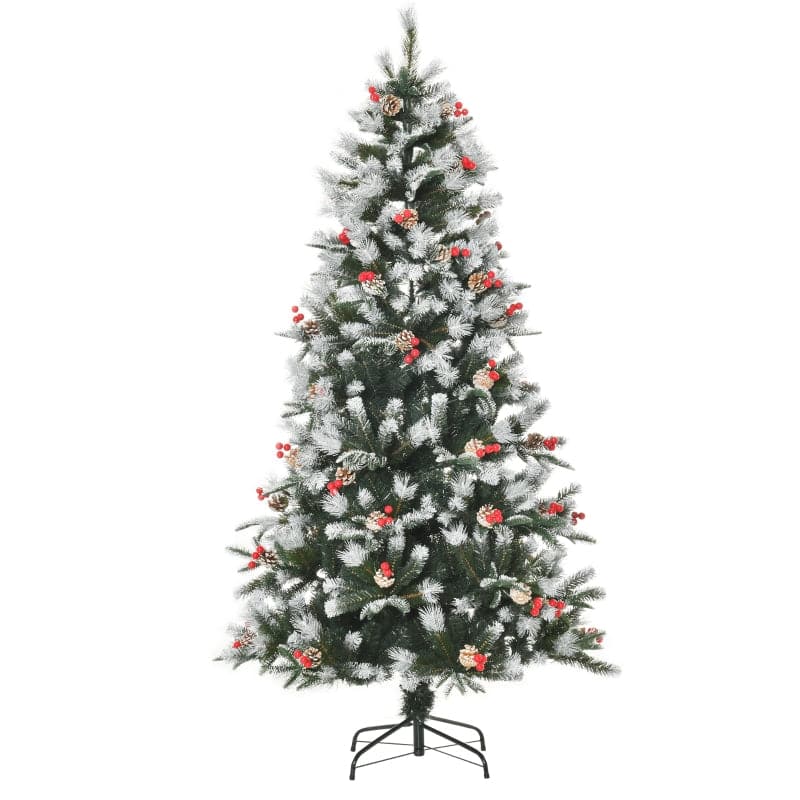 HOMCOM 6ft Snow Dipped Artificial Christmas Tree with Red Berries & White Pinecones