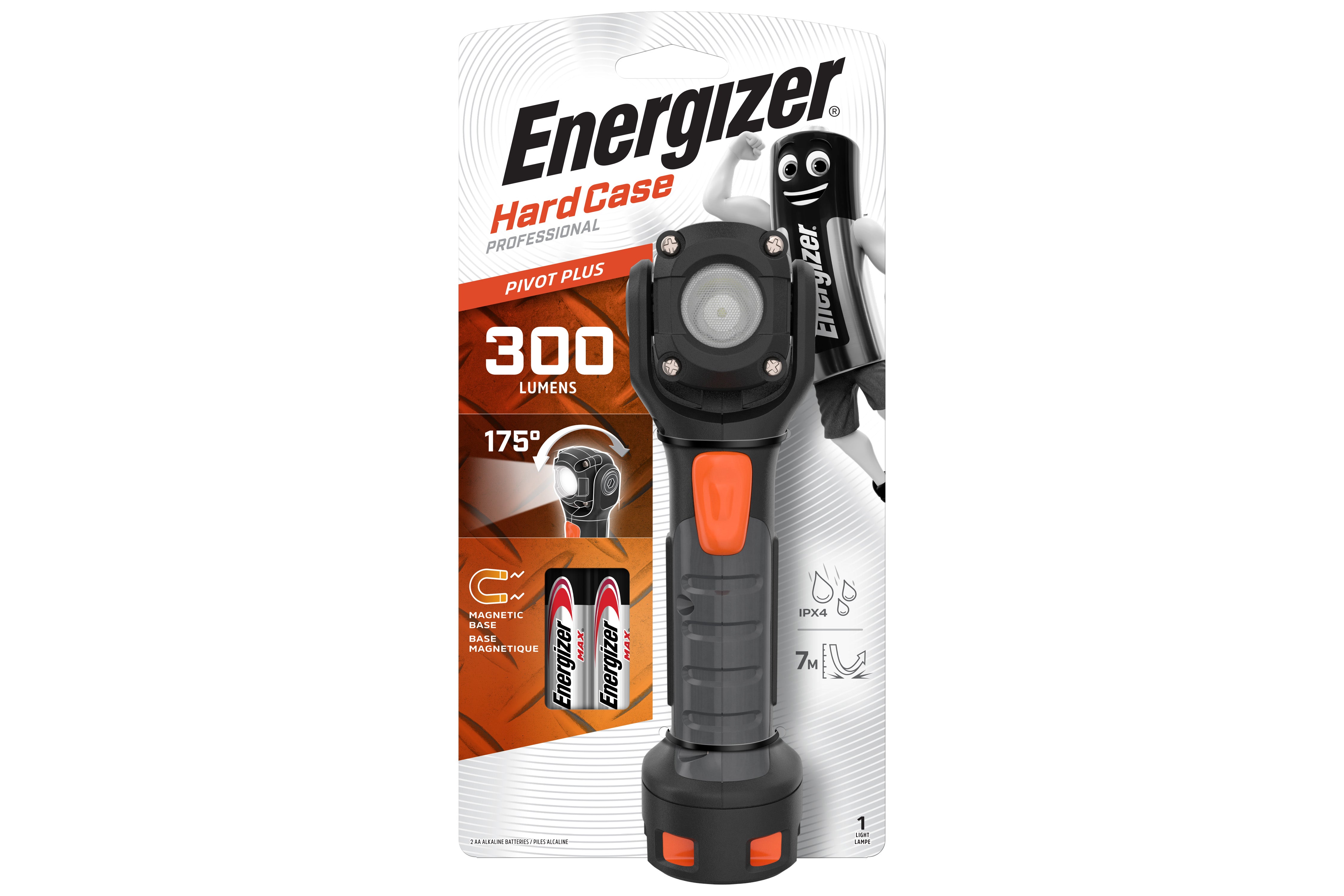 Energizer Hard Case 300 Lumens Pivot Rotating Head LED Torch with Magnetic Base & 2x AA Batteries