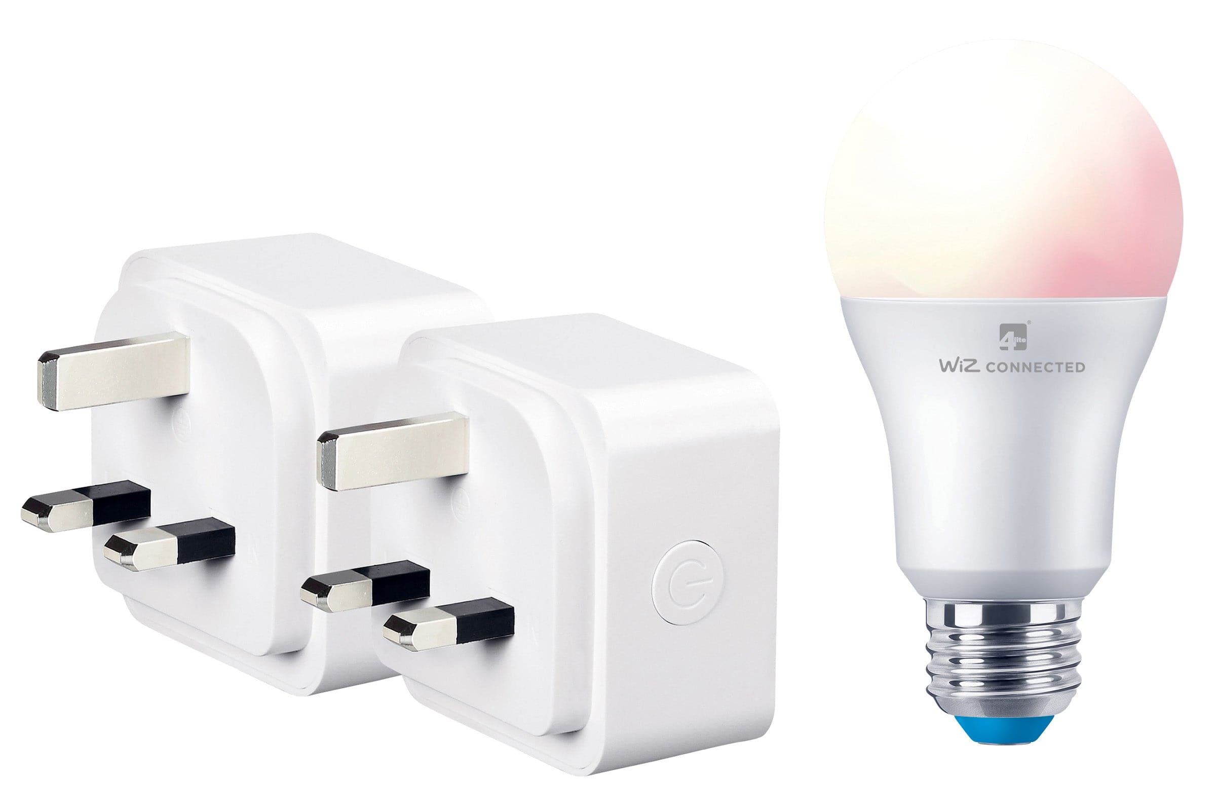 4lite Wiz Connected 3-Pin UK Smart Plug Twin Pack with A60 Multicolour Dimmable E27 Large Screw Smart Bulb