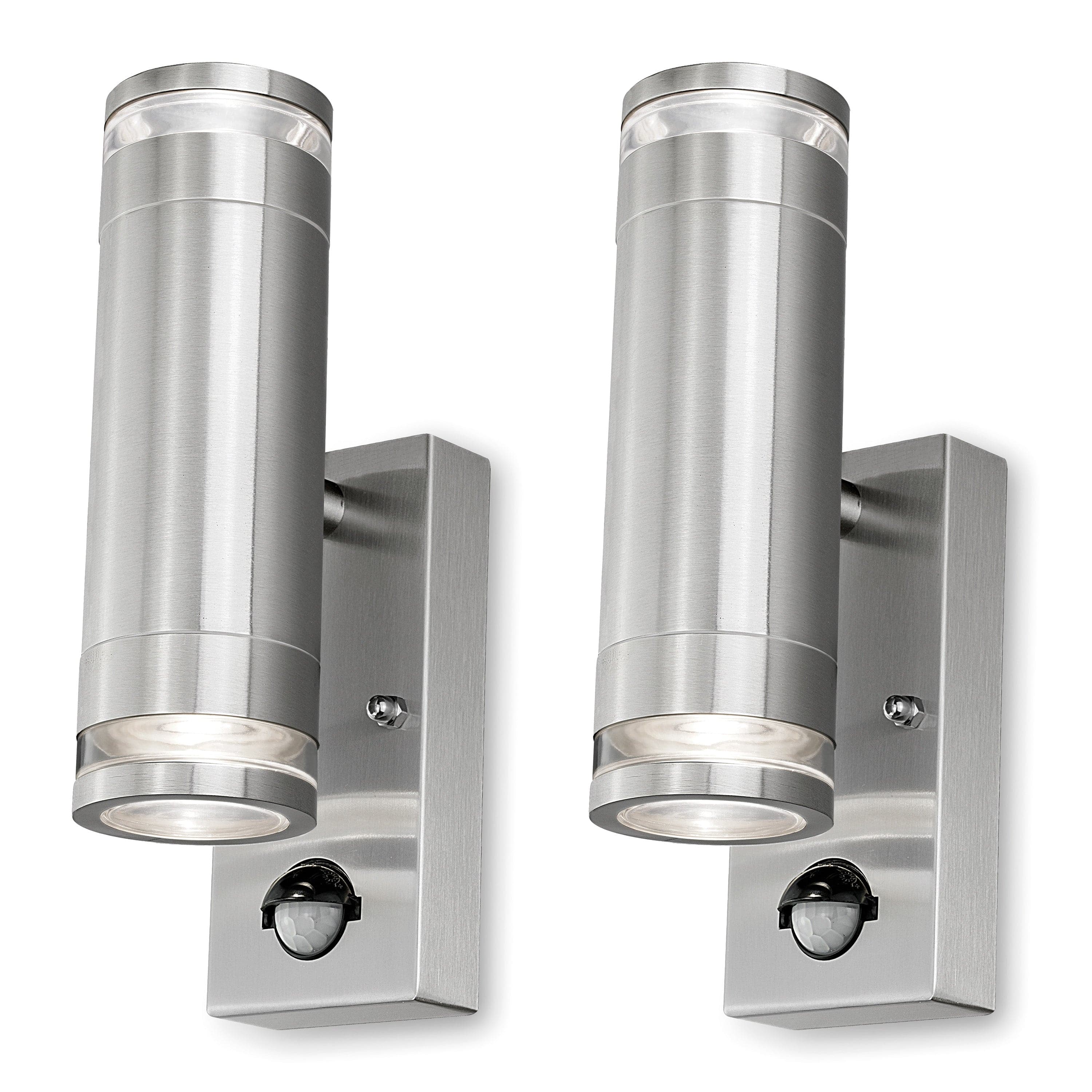 4lite Marinus GU10 Bi-Directional Outdoor Wall Light with PIR - Stainless Steel (Pack of 2)