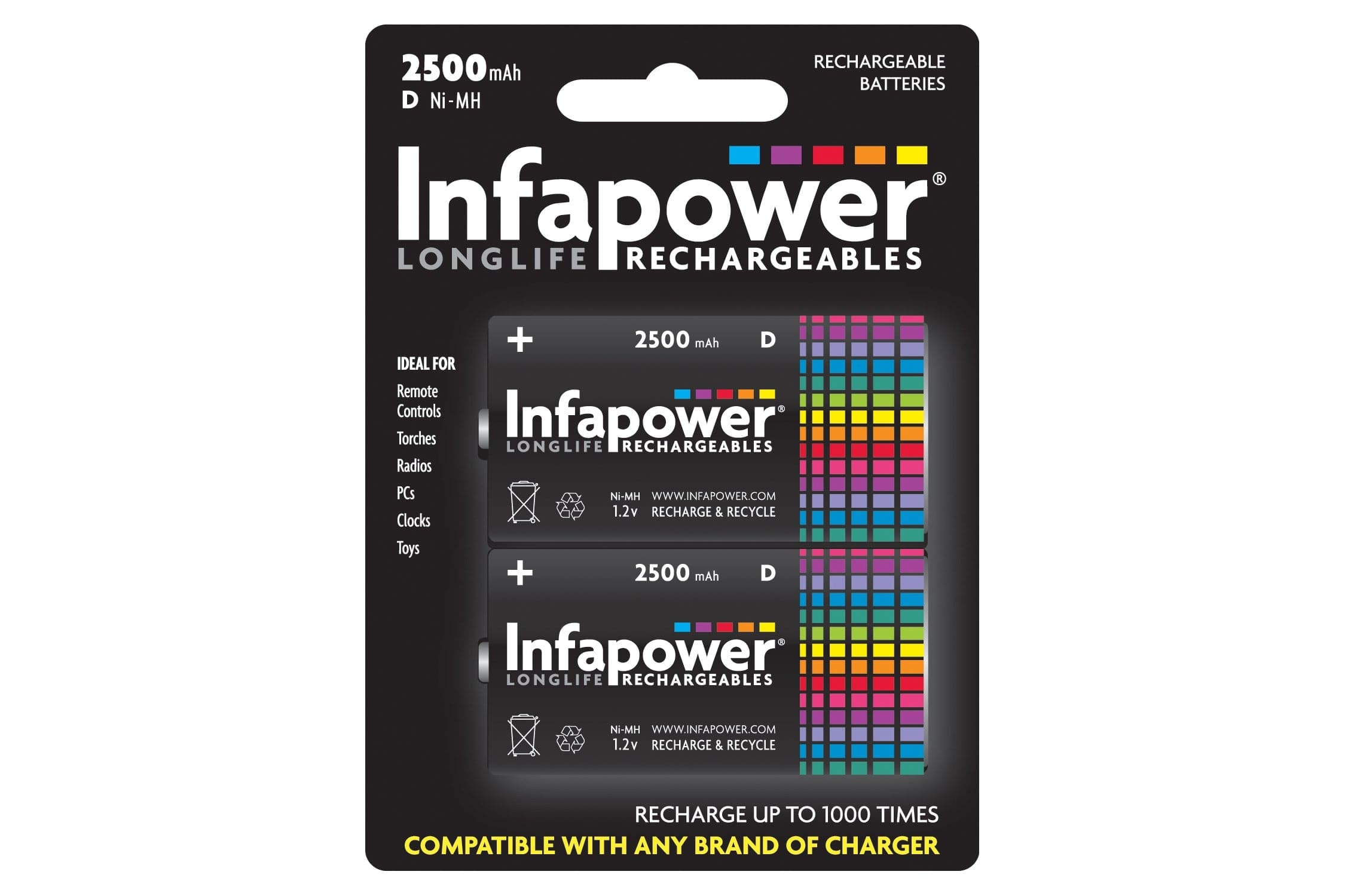 InfaPower 2500mAh Rechargeable Ni-MH Type D Batteries - Pack of 2