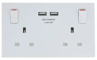 British General Round Edge 13A 2 Gang Switched Socket with 2x USB-A 3.1A - White
