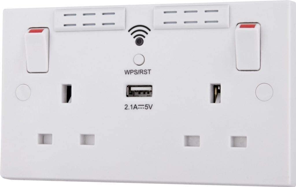 British General Round Edge 13A 2 Gang Switched Socket with Wi-Fi Extender + 1x USB-A 2.1A - White