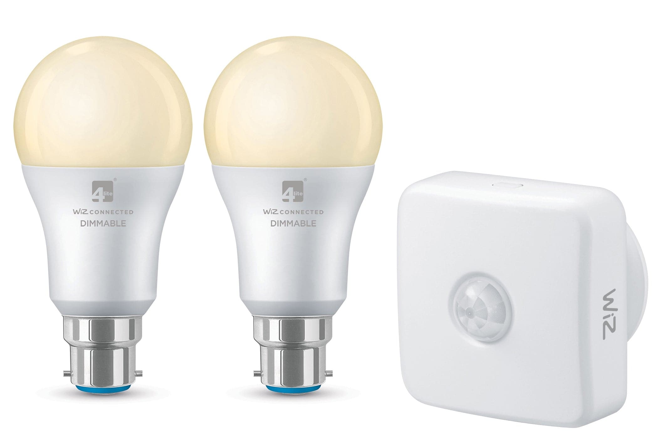 4lite WiZ Connected A60 Warm White WiFi LED Smart Bulb - B22 Bayonet Cap (Pack of 2 + Sensor)