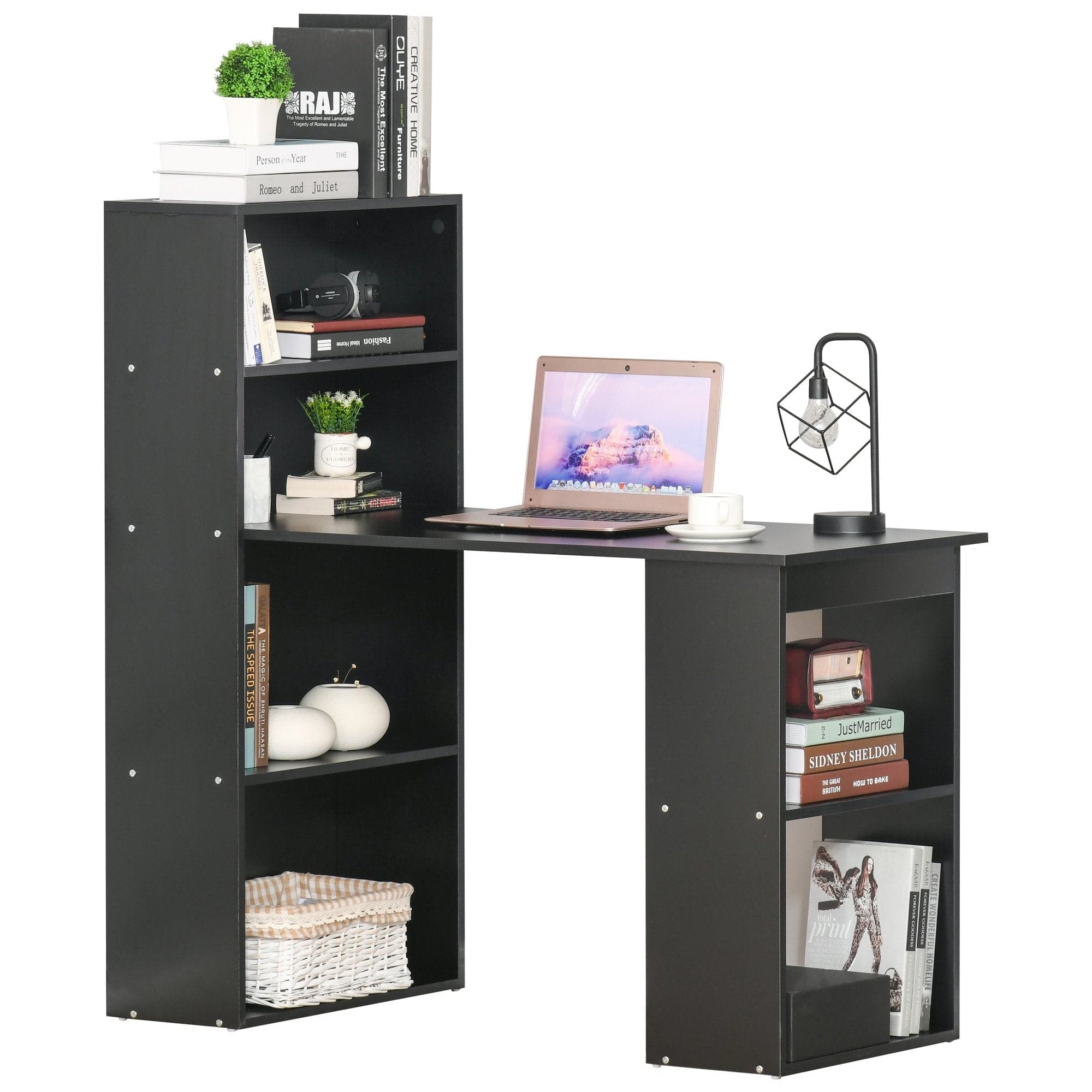 ProperAV Modern Compact Computer Desk with 6-Tier Storage Shelves (Black)