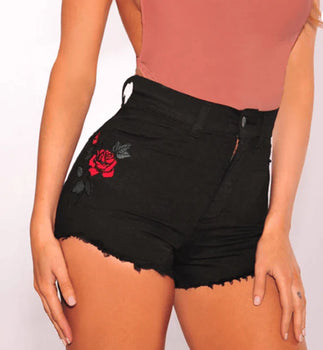 Rose Flower Embroidery Women Denim Shorts Jeans - melvincucci