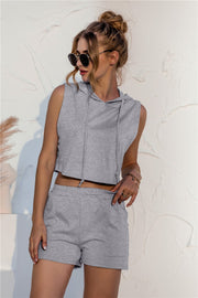 Gray / S Hooded Crop Top & Pocketed Shorts Set