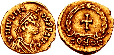 描繪朱利葉斯·尼波斯的特雷米西斯的羅馬金幣