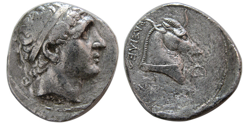 El caballo de Alejandro Magno en una moneda antigua.