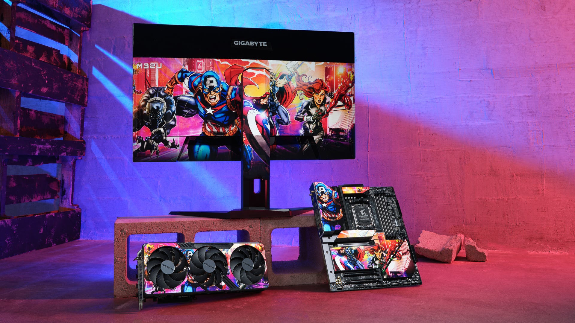 Avengers Battles Marvel Comics for Gigabyte computer product photography by Apex Photo Studios