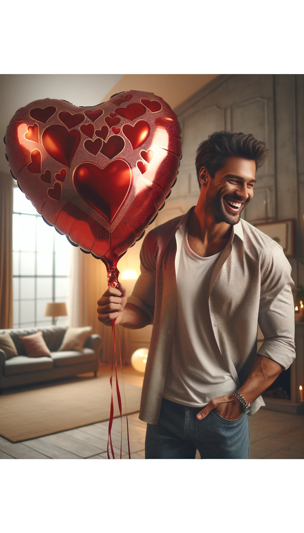 DALL·E 2024-04-16 15.08.51 - Create an image of a man standing and holding a large heart-shaped balloon in his right hand. The balloon should be glossy and red, filled with smalle.webp__PID:4fb68b91-30ef-4ba9-8941-d14823a81860