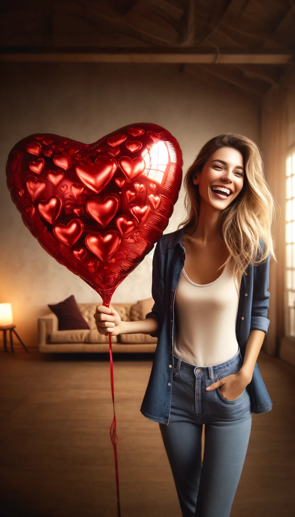 DALL·E 2024-04-16 16.22.51 - Create an image of a woman standing and holding a large heart-shaped balloon in her right hand. The balloon should be glossy and red, filled with smal.webp__PID:52ab2234-a11e-431b-9529-925fd7ad569d