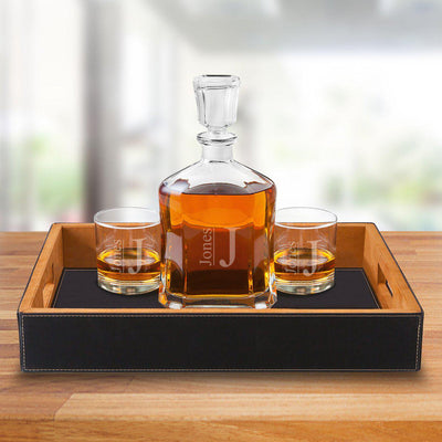Personalized Decanter Set with Black Serving Tray & 2 Lowball Glasses - Modern - JDS