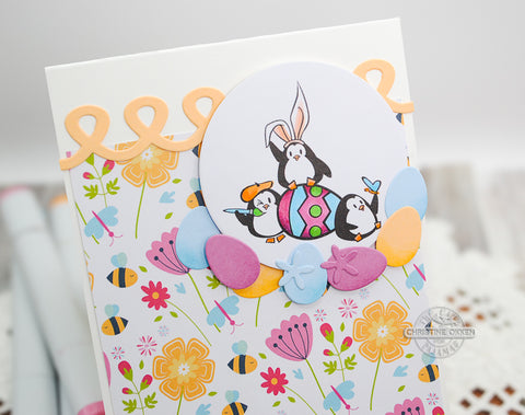 Easter Penguins and Eggs card close up
