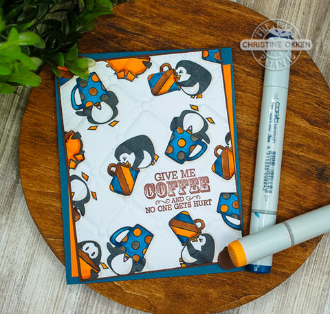 Flatlay of Card with Penguins and Coffee